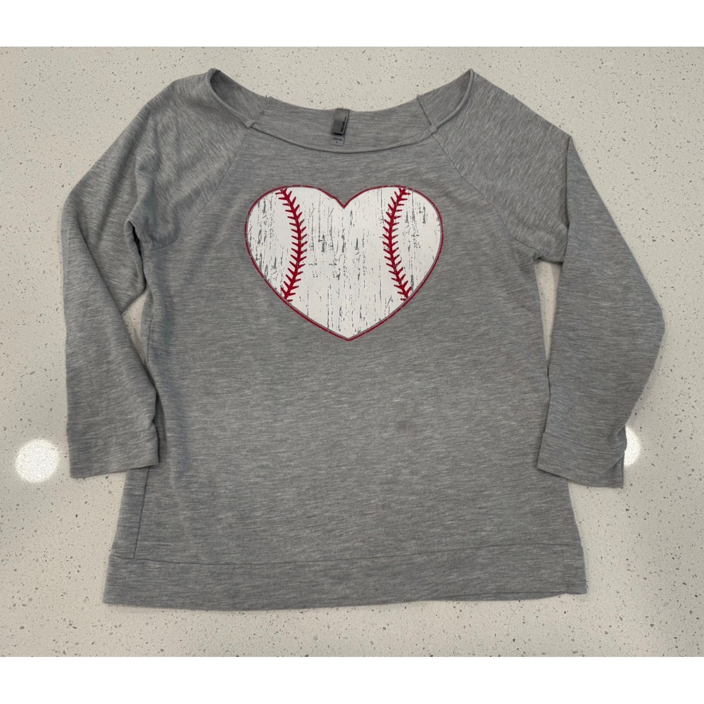 Next Level Baseball Heart Top Women L Gray Good Casual Sporty Off Shoulder